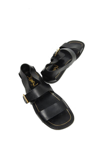 Yves Saint Laurent Rive Gauche Black Flat Leather Sandal Size 42