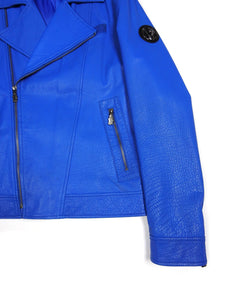 Versace Jeans Blue Leather Biker Jacket Size 48