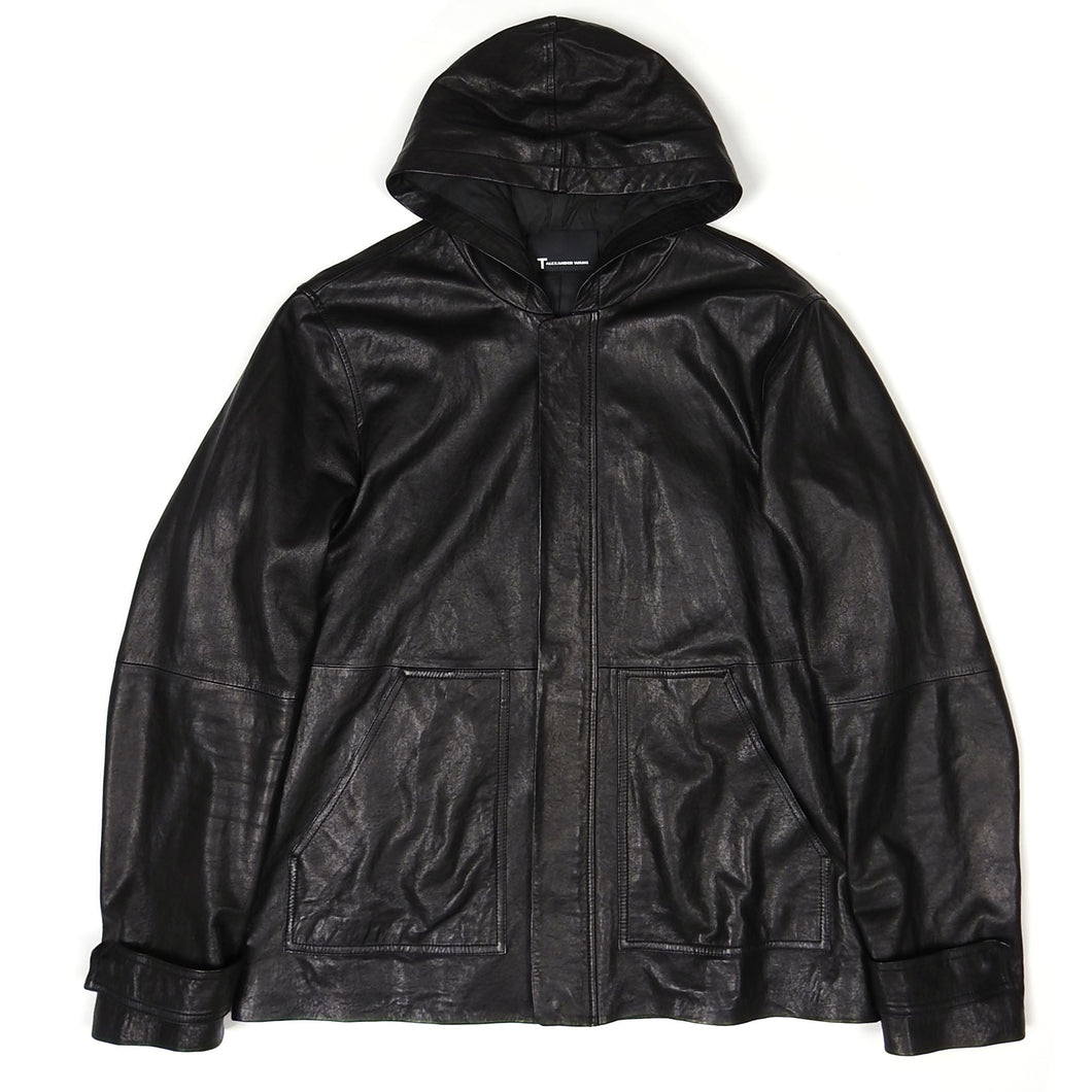 T by Alexander Wang Black Leather Hooded Jacket Size Medium