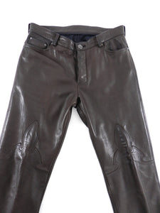 Chrome Hearts Brown Leather Straight Leg Pants with Sterling Buttons - 34