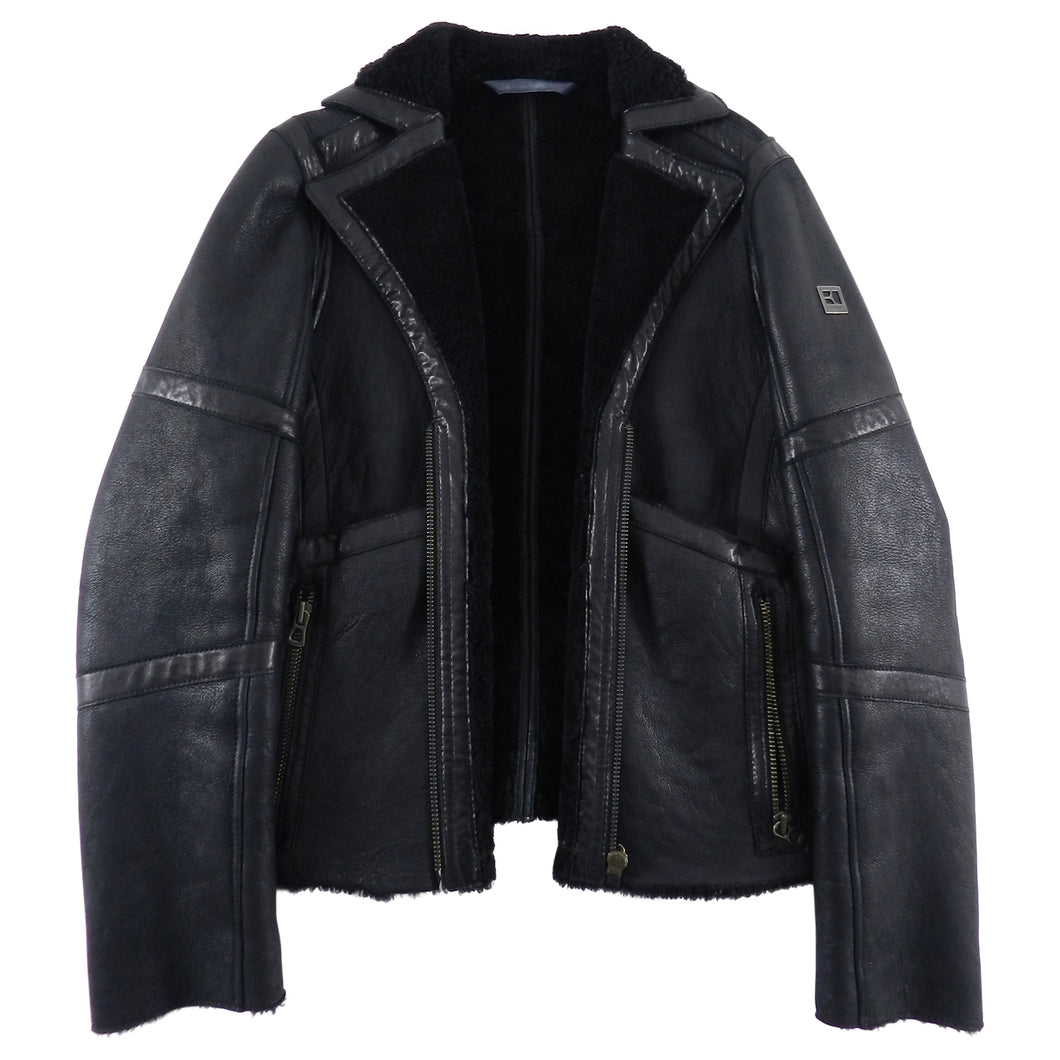 Hugo Boss Black Leather Zip Front Short Shearling Jacket - M