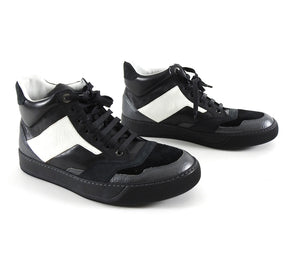 Lanvin Black and White Leather Suede Mid Top Lace Up Sneakers