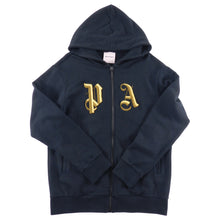 Load image into Gallery viewer, Palm Angels Black Zip Up Hoodie with Gold Metallic Embroidered Logo - L

