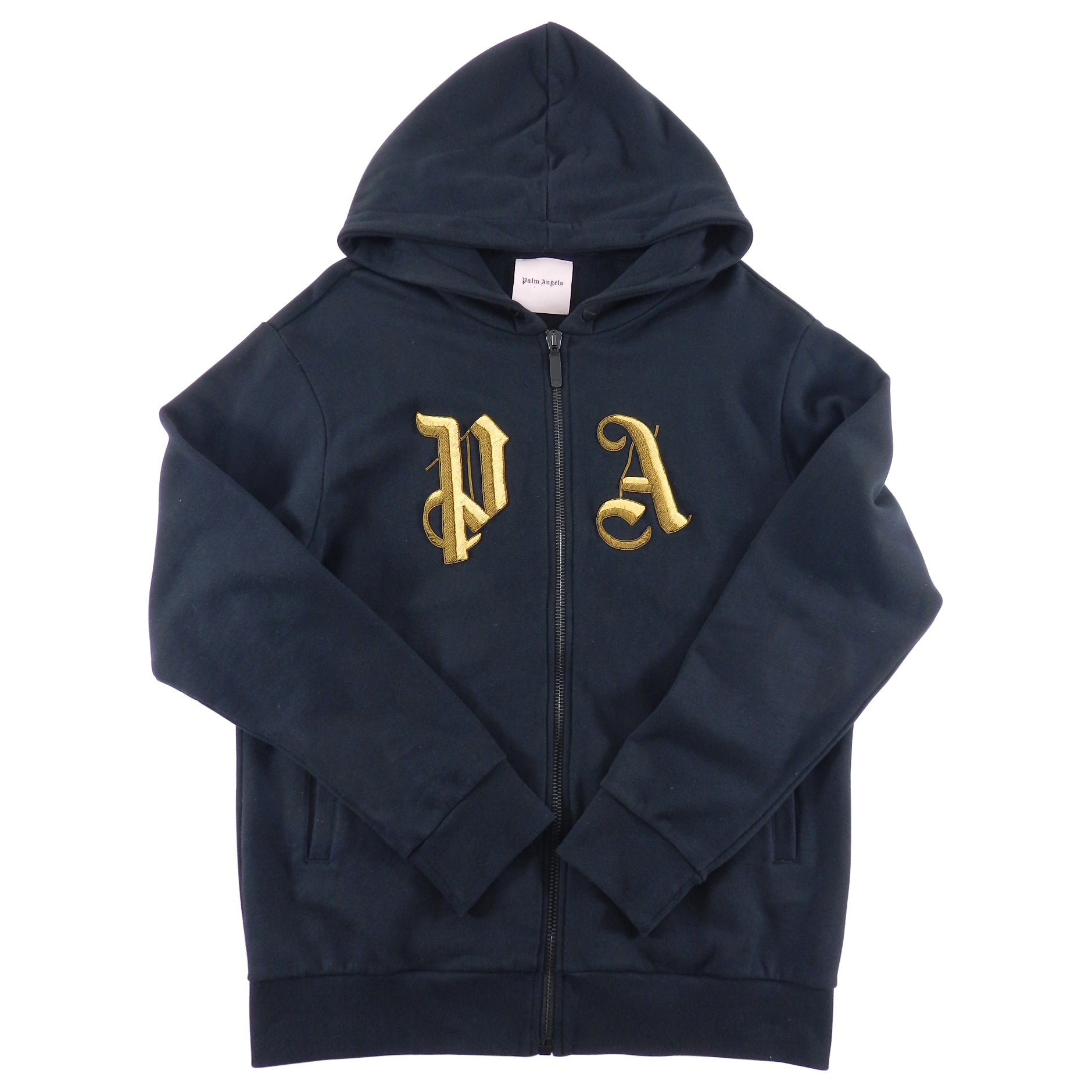 Palm Angels Black Zip Up Hoodie with Gold Metallic Embroidered