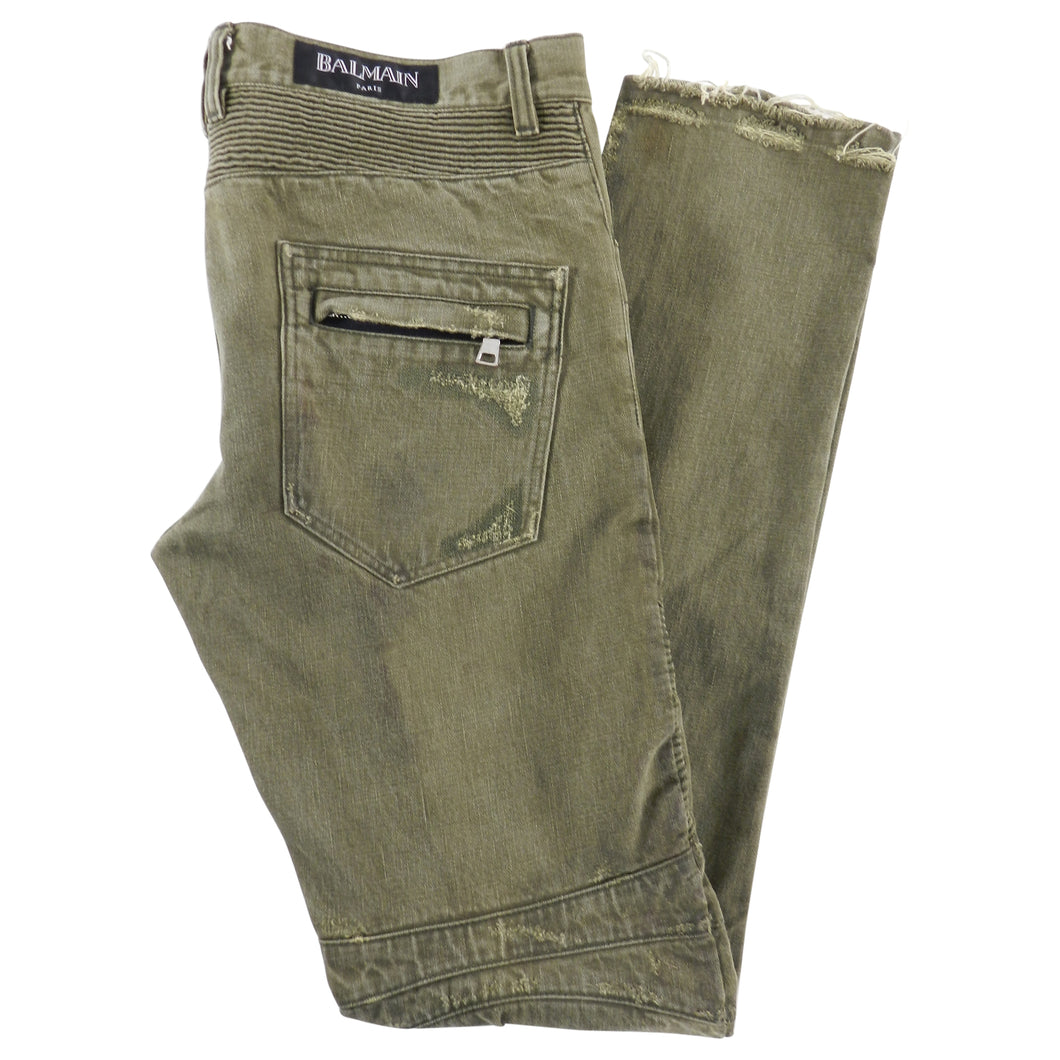 Balmain Army Green Distressed Moto Denim Jeans -  33