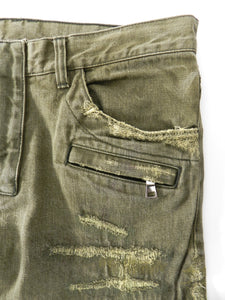 Balmain Army Green Distressed Moto Denim Jeans -  33